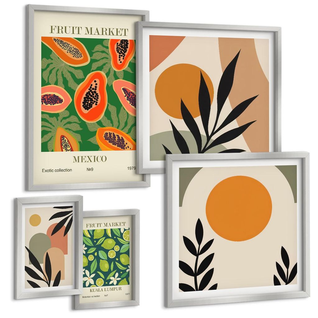 Bilder Set 5-teilig im silbergerahmten Rahmen – Wandbilder 5 Stück – gerahmte Poster für Wohnzimmer, Schlafzimmer und Flur – 50x50 cm - 40x...
