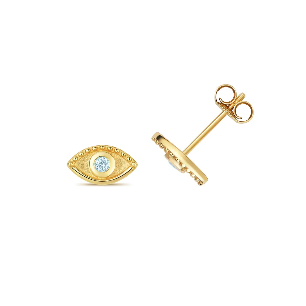 Clous d'oreilles en or 9k aigue-marine et motif œil protecteur bleu