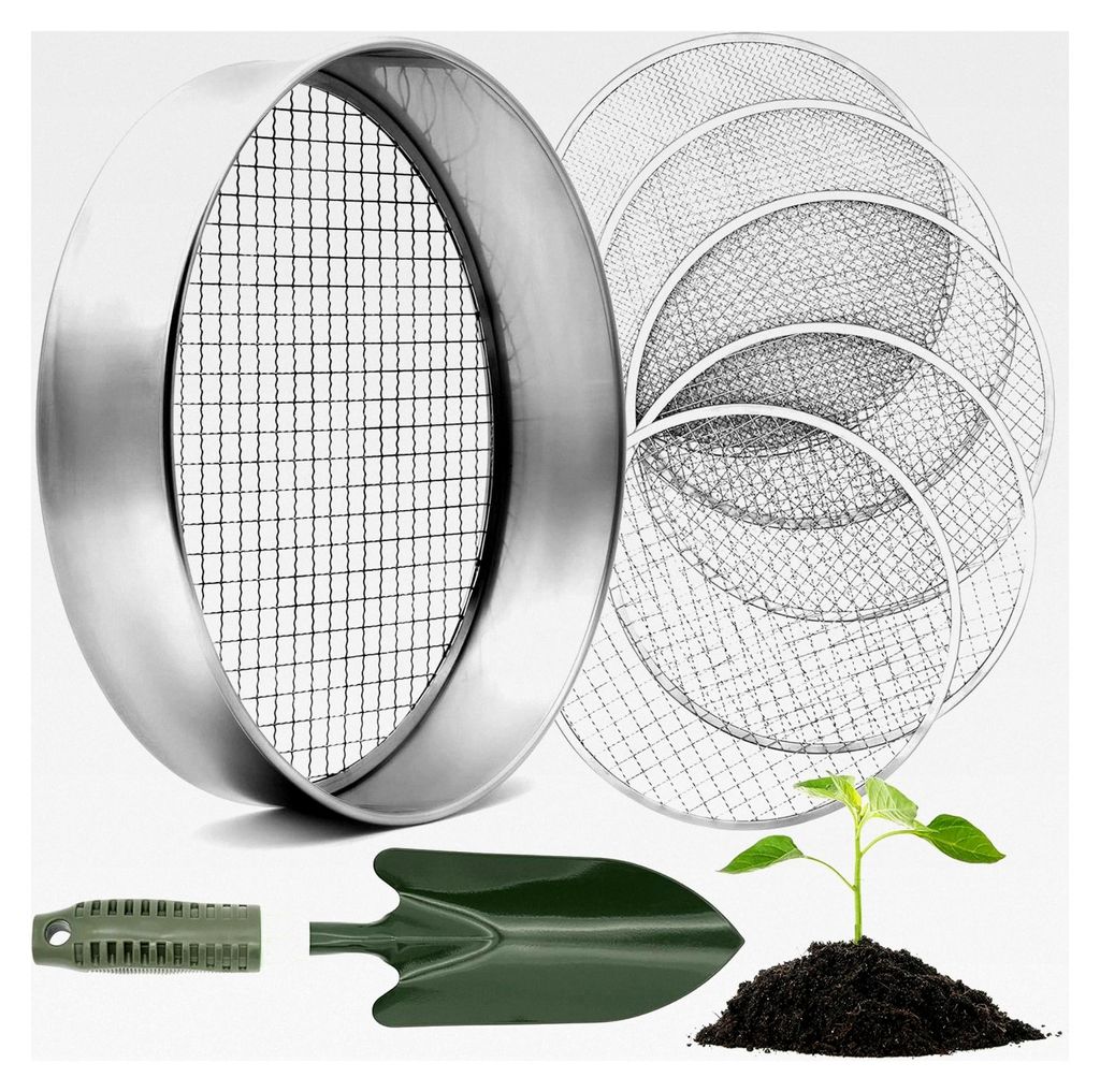 Rundes Gartensieb 30 cm mit 5 austauschbaren Siebeinsätzen - Kompostsieb aus Edelstahl für Erde, Kompost, Saatgut - inklusive Gartenschaufel