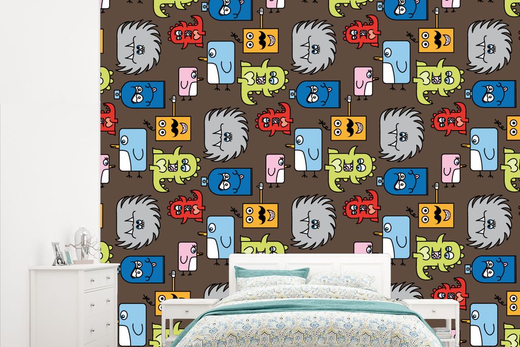 MuchoWow Fototapete für Wohnzimmer oder Schlafzimmer Wandtapete Vinyl Motivtapete Muster - Monster - Tiere - Kinder - Kinder - 315x260 cm - Gemu...