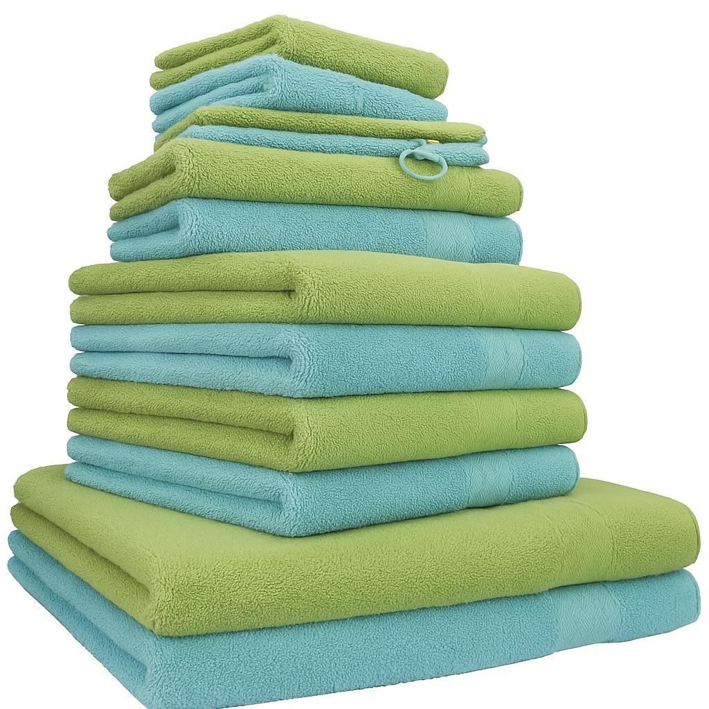 Betz 12-tlg. Handtuch-Set PREMIUM 2 Duschtücher 4 Handtücher 2 Gästetücher 2 Seiftücher 2 Waschhandschuhe Farbe: ocean / avocadogrün