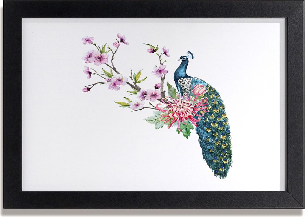 Bild 30x20 MDF-Rahmen, Wandkunst Pfau und Blumen