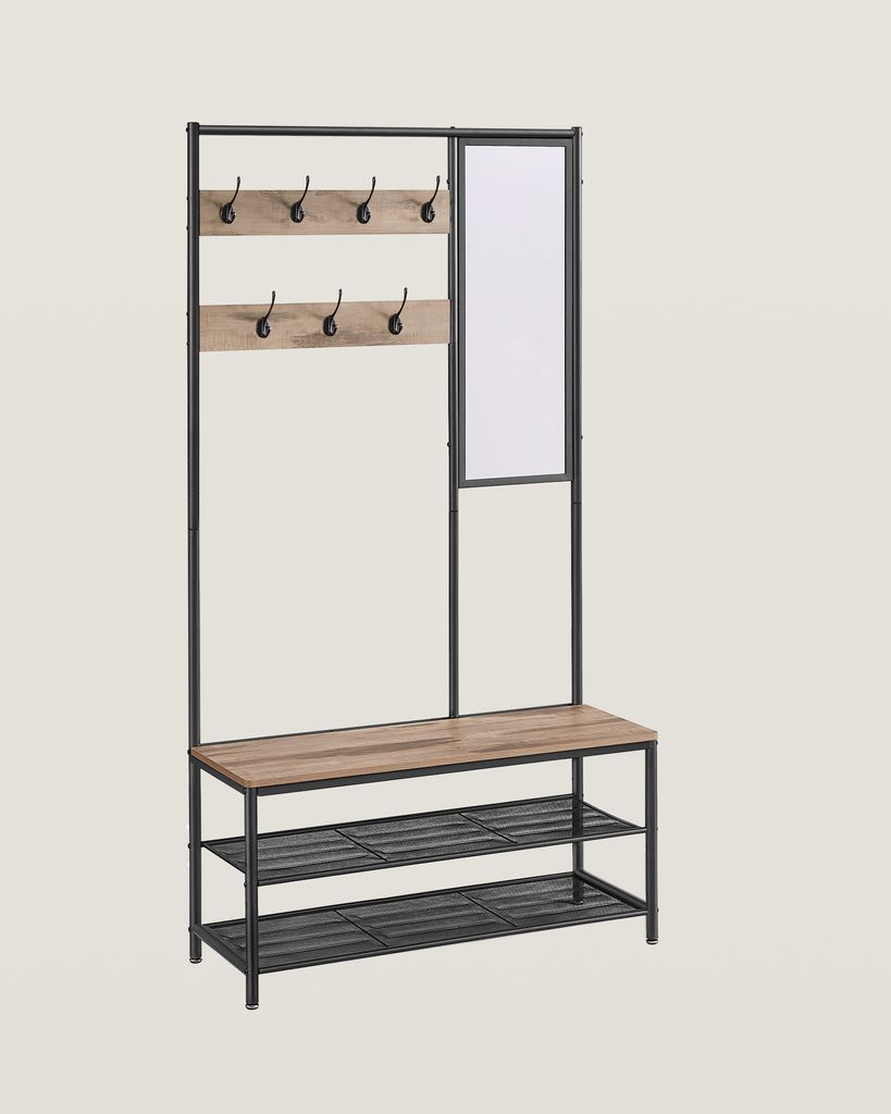 A product image of a coat rack with a bench and shelves.