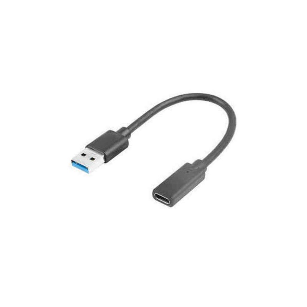 A black USB-C to USB-A adapter cable on a white background.