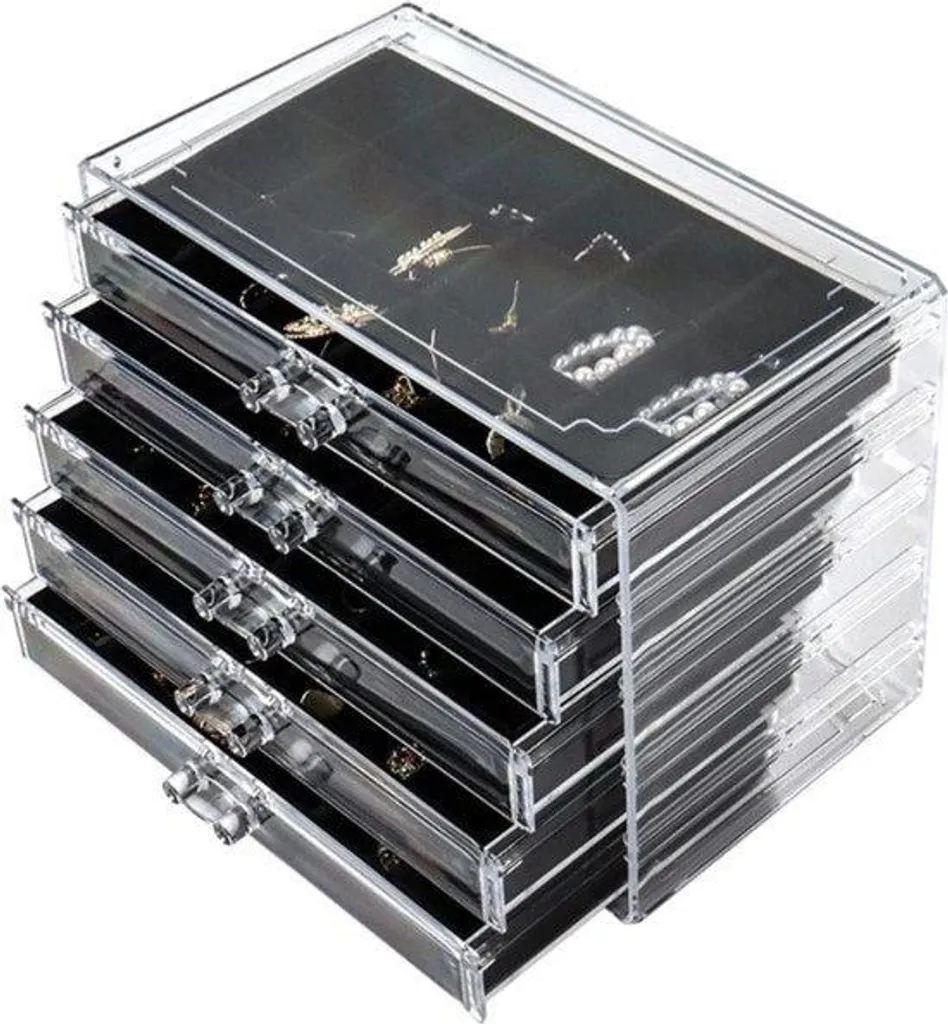 Coffret à bijoux à 5 tiroirs noir avec séparateurs amovibles de luxe