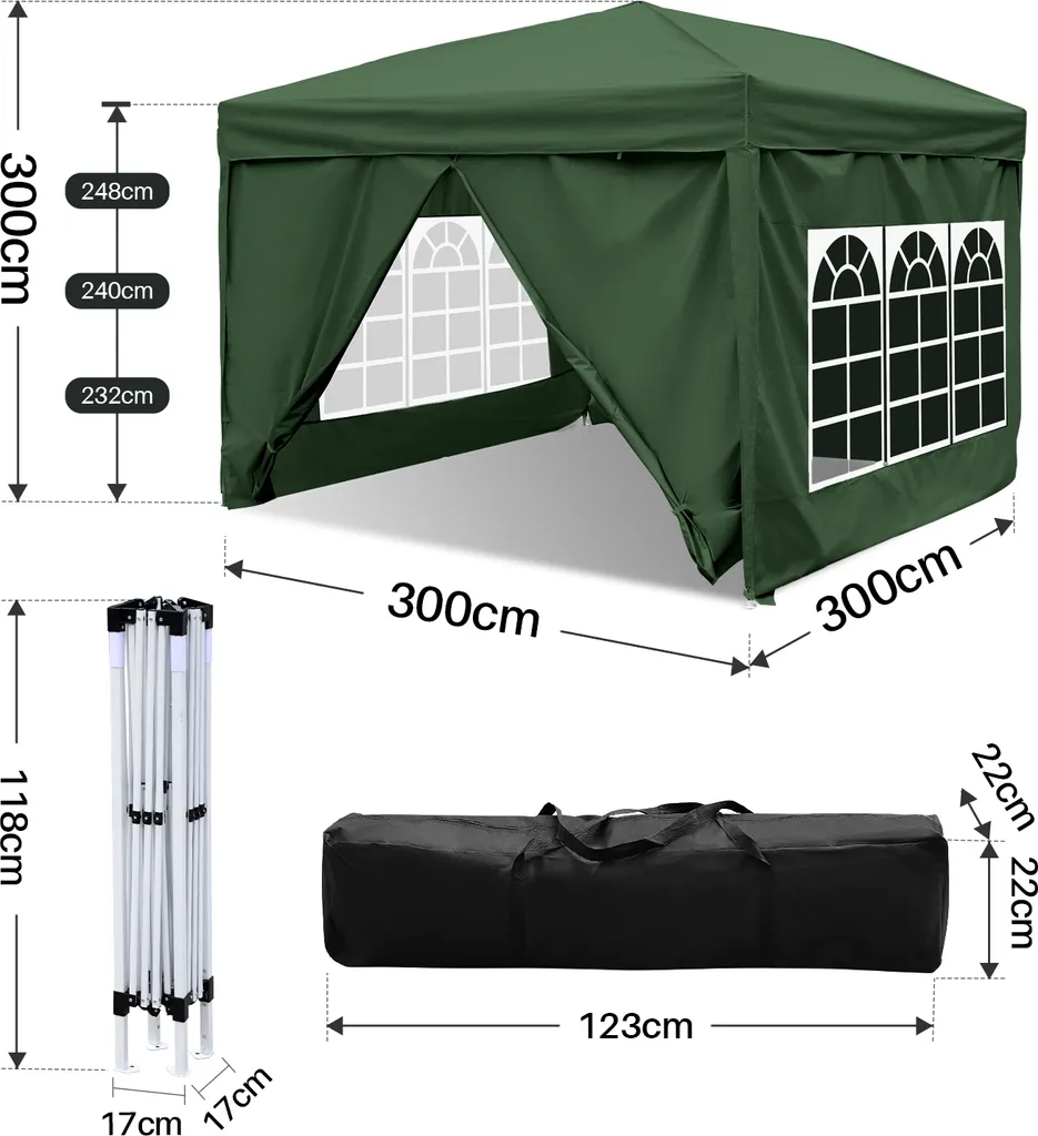 Gazebo da Giardino 3x3 Verde Pieghevole - Impermeabile con Pannelli - 2