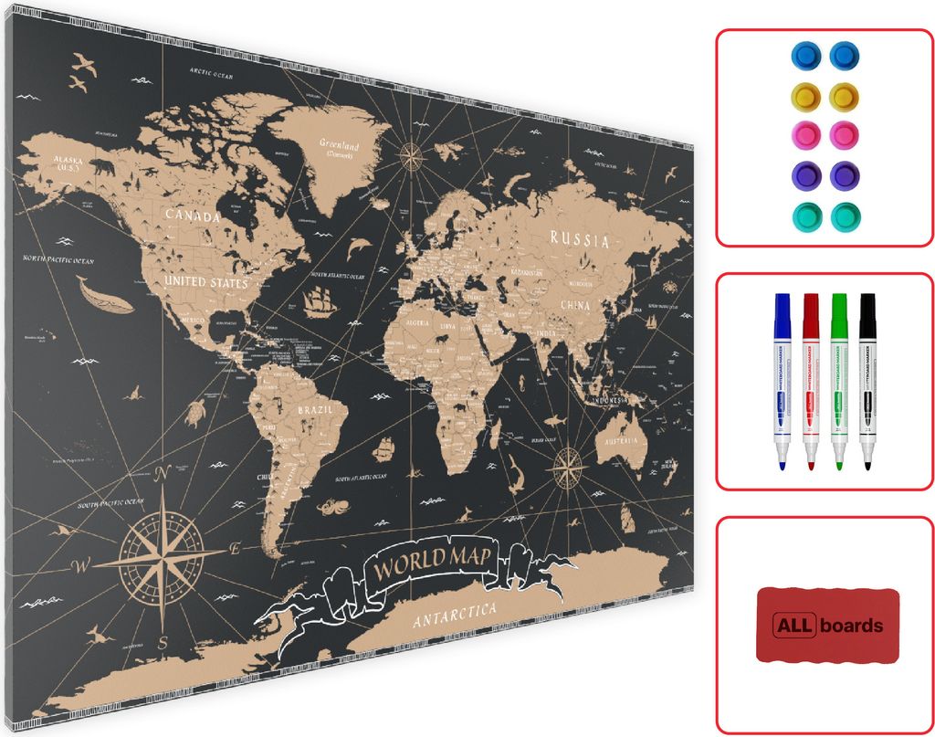 A world map product with accessories displayed next to it.