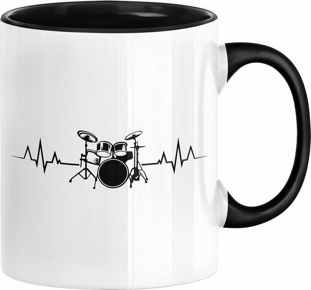 Drummer Schlagzeug-Spieler Geschenk Tasse Geschenkidee Kaffee-Becher Schlagzeuger Herzschlag (Schwarz)