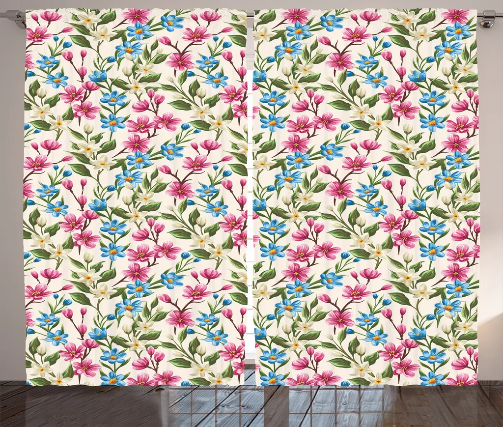 ABAKUHAUS Fleurs Rideau Rustique Bouquet Épanoui Rose Bleu 280x225cm