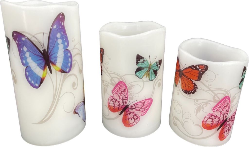 abc HOME | Kerze mit Motiv Schmetterlinge| 3tlg. | LEDs | Produktbild 