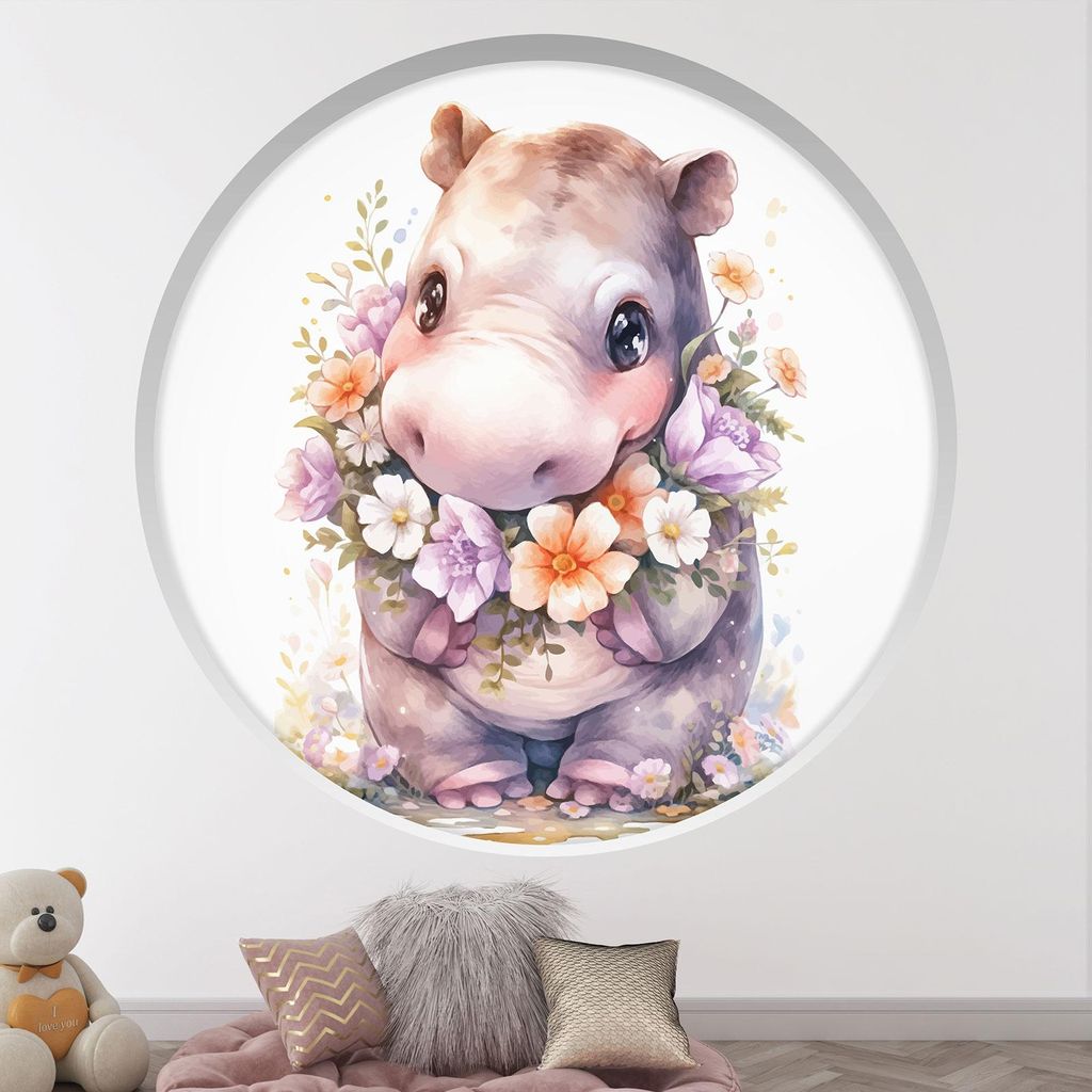Trompe-l'œil-Aufkleber Runde Bogen Kinder - Lumaléa - Nilpferd - Durchmesser 130 cm