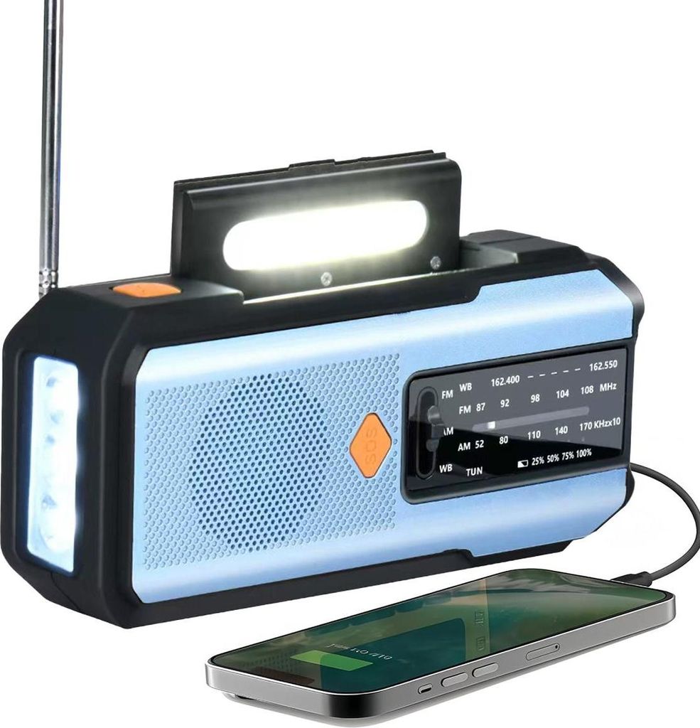 Handkurbel Solar-Outdoor-Radio mit AM/FM/WB, LED-Taschenlampe, SOS-Alarm und wiederaufladbarer 2000 mAh Batterie, Ladefunktion für Telefon