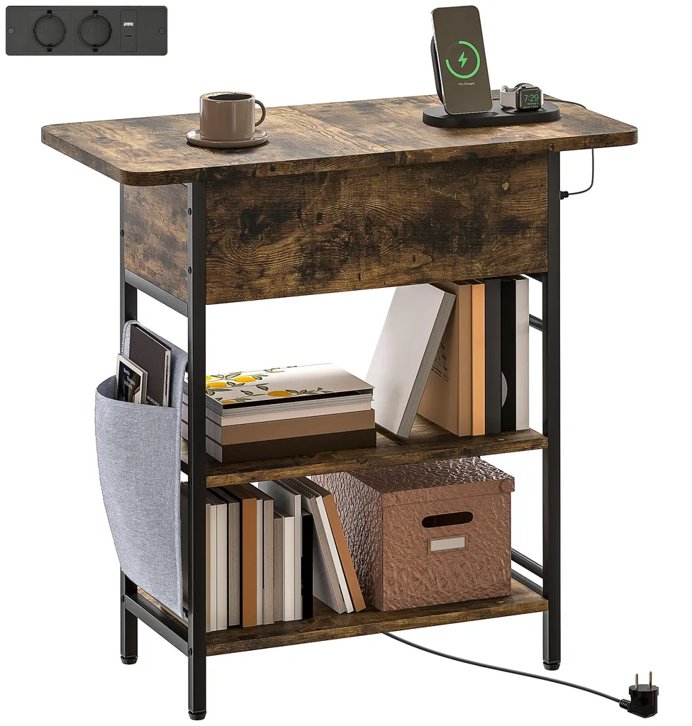 Petite table de chevet industrielle avec port USB et panier de stockage