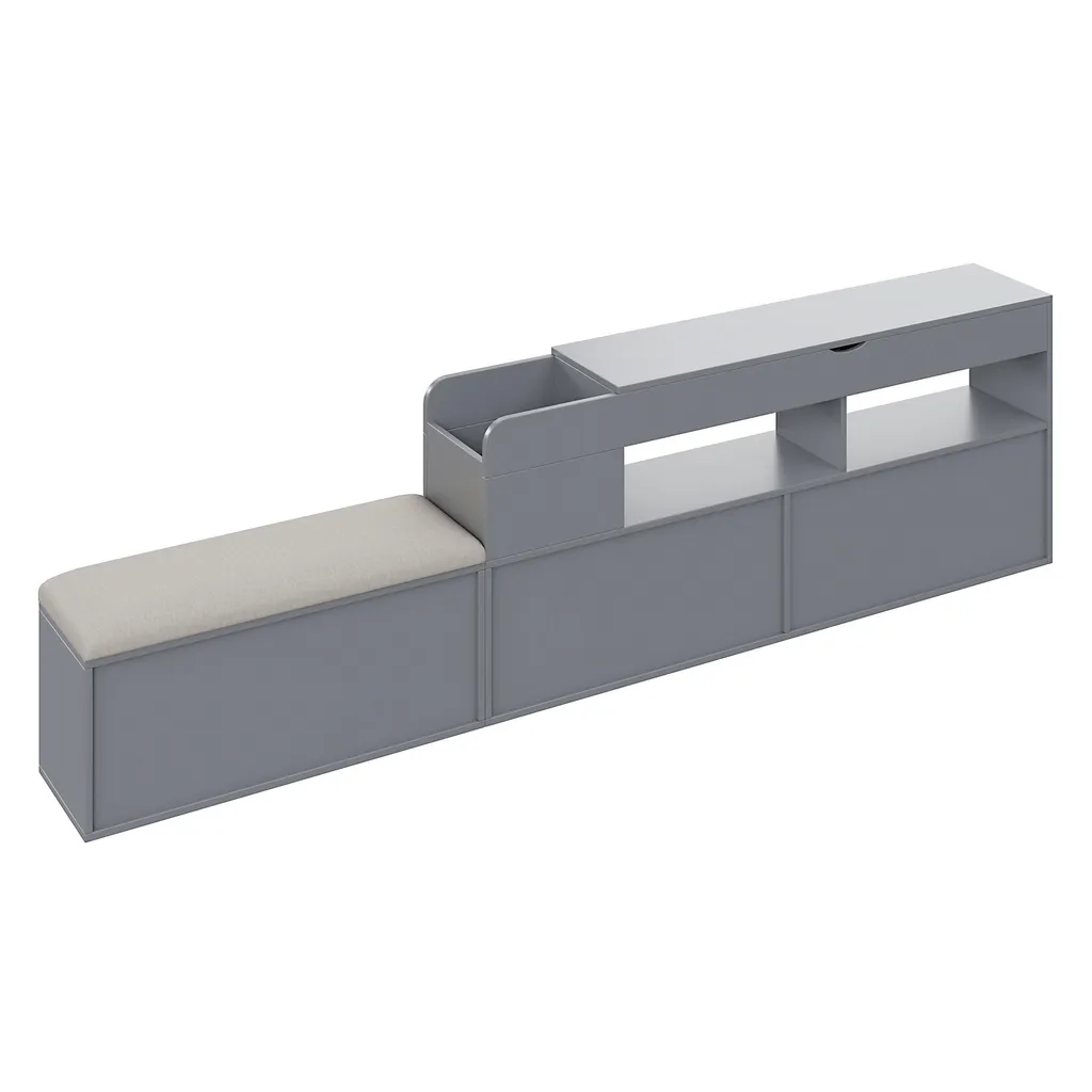 Lit double combiné gain de place 140x200, bois gris avec rangements - 15