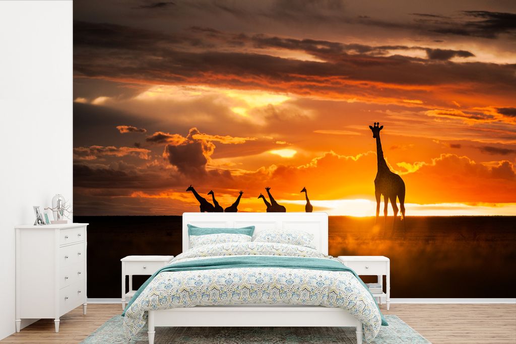 MuchoWow Fototapete für Wohnzimmer oder Schlafzimmer Wandtapete Vinyl Motivtapete Silhouetten von Giraffen bei Sonnenuntergang - 330x220 cm - Fo...