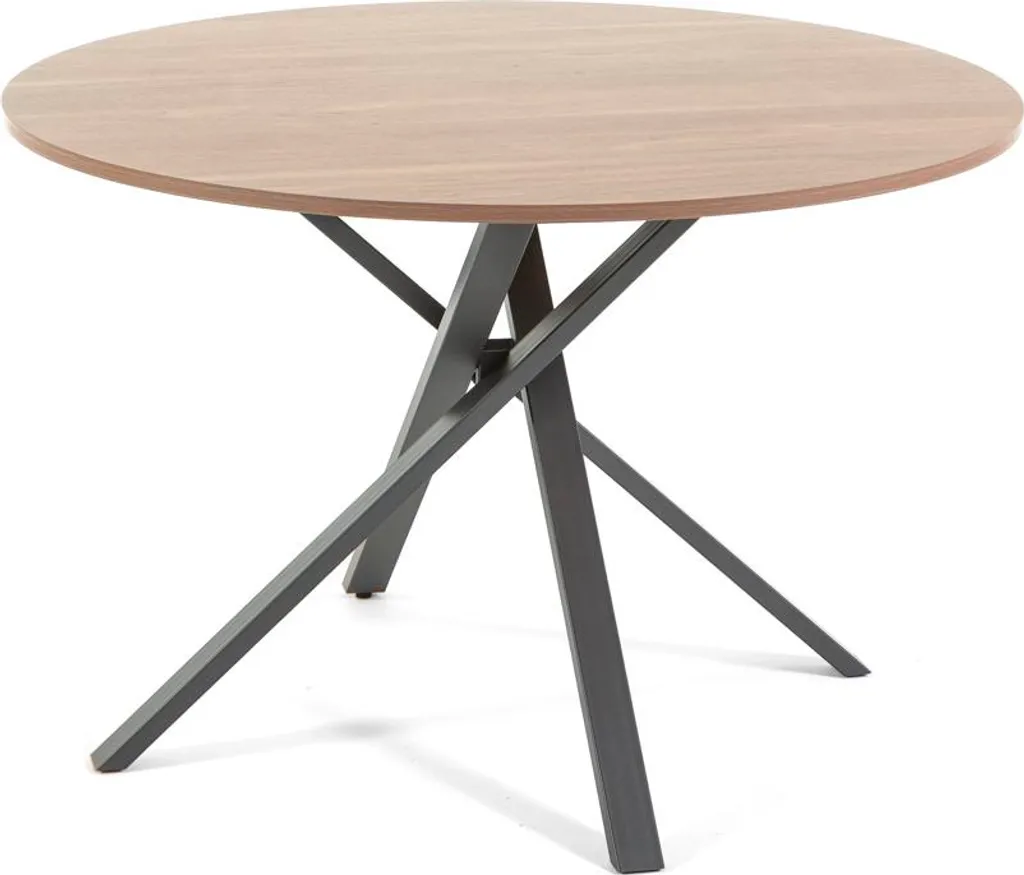 Table design stable Ø110 cm avec piétement croisé robuste aspect bois