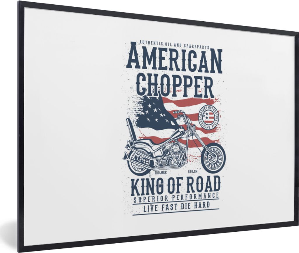 MuchoWow MuchoWow Gerahmtes Poster Mancave - Motorrad - Vintage - Amerika - Flagge 90x60 cm - Poster mit zchwarzem Bilderrahmen - Fotorahmen - ...
