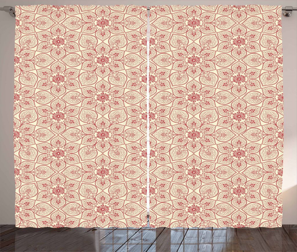 ABAKUHAUS Antiquität Rustikaler Gardine, kurvige Blumen, Schlafzimmer Kräuselband Vorhang mit Schlaufen und Haken, 280 x 245 cm, Dunkle Coral Beige