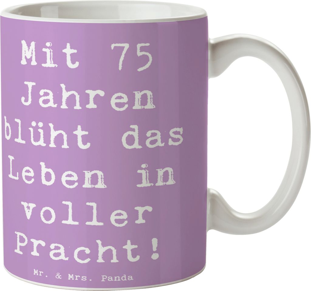 Mr. & Mrs. Panda Tasse Spruch 75. Geburtstag Blüte - Lavendeltraum - Geschenk, Geburtstagsgeschenk, Leben in voller Pracht, Becher, Pott, Kaffeeta...