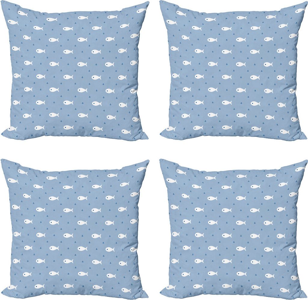 ABAKUHAUS Nautisch Kissenbezug Set (4 Stück), Kleine Fische Leben im Wasser, Moderner Doppelseitiger Digitaldruck, 50 cm x 50 cm, Blau Weiss