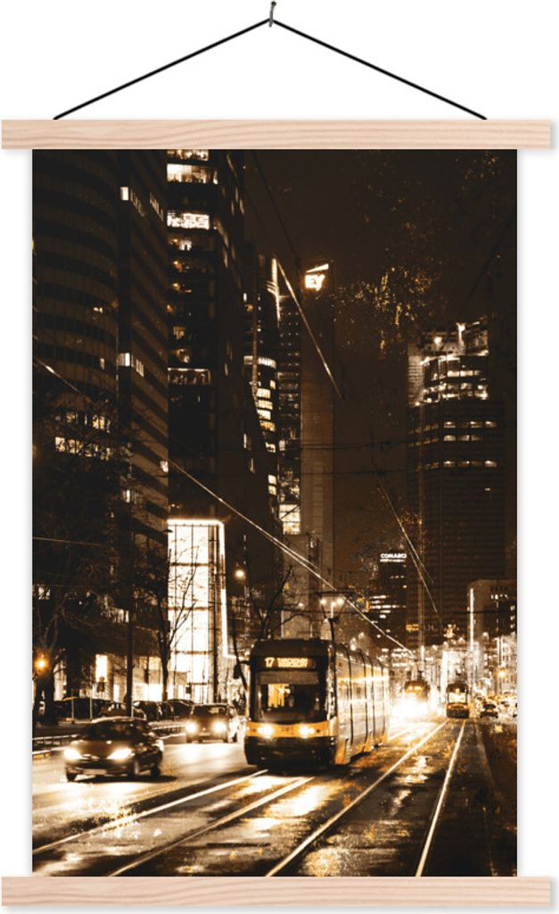 MuchoWow Textilposter Straßenbahn - Straße - Gold 120x180 cm mit holzfarbenen Rahmen - Textil-Plakat
