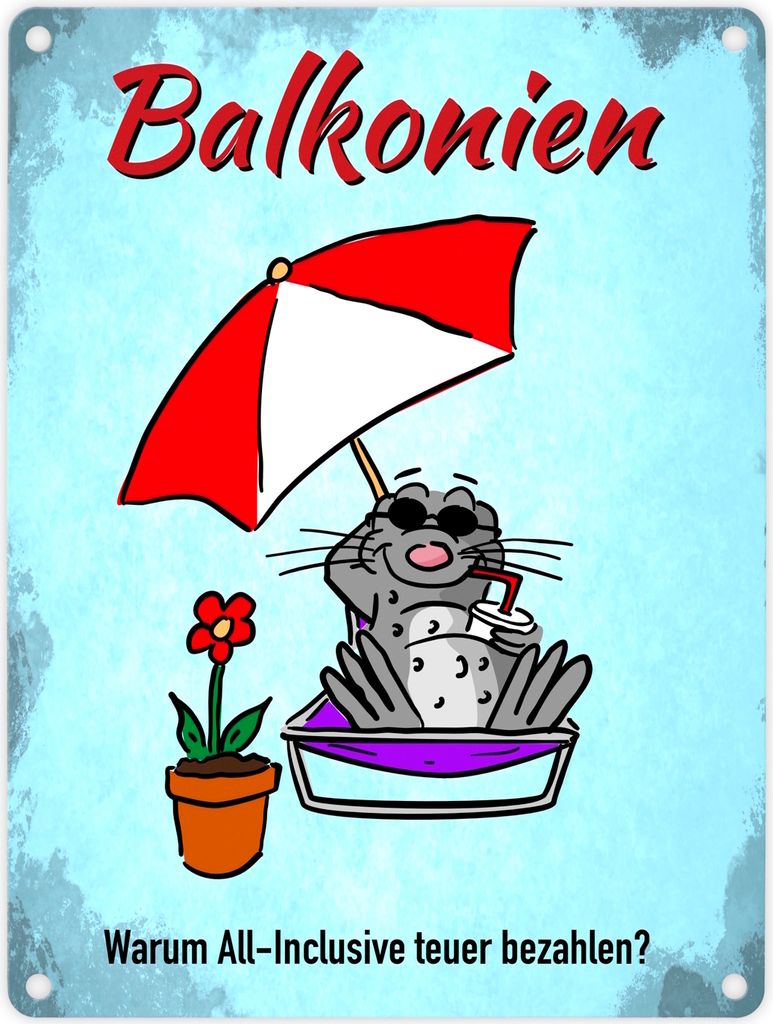 Balkonien Urlaub Metallschild in 15x20 cm mit Seeleopard auf dem Balkon