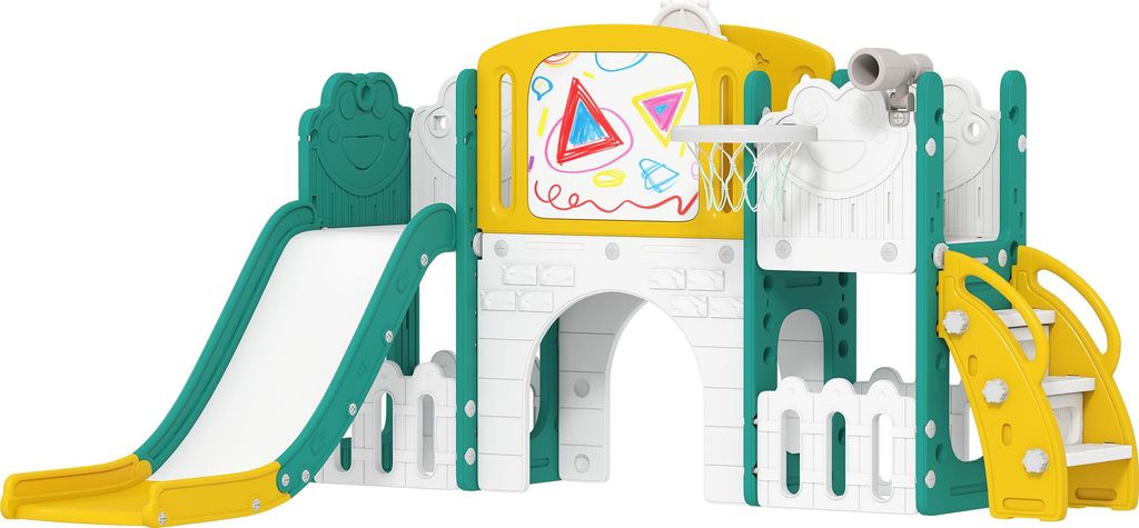 AIYAPLAY Kinderrutsche 7 in 1 Indoor und Outdoor Babyrutsche mit Basketballkorb, Klettergerüst, Tunnel, Spielteleskope, Stauraum, Reißbrett, Fros...