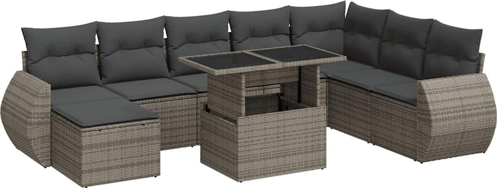 vidaXL 9-tlg. Garten-Sofagarnitur mit Kissen Grau Poly Rattan