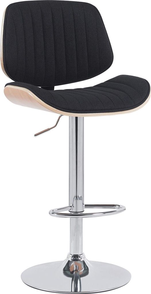 Barhocker mit Stoffpolsterung – Holzgestell – 360° höhenverstellbar, drehbares Design | Farbe: Natur/Schwarz | Grundfarbe: Chrom