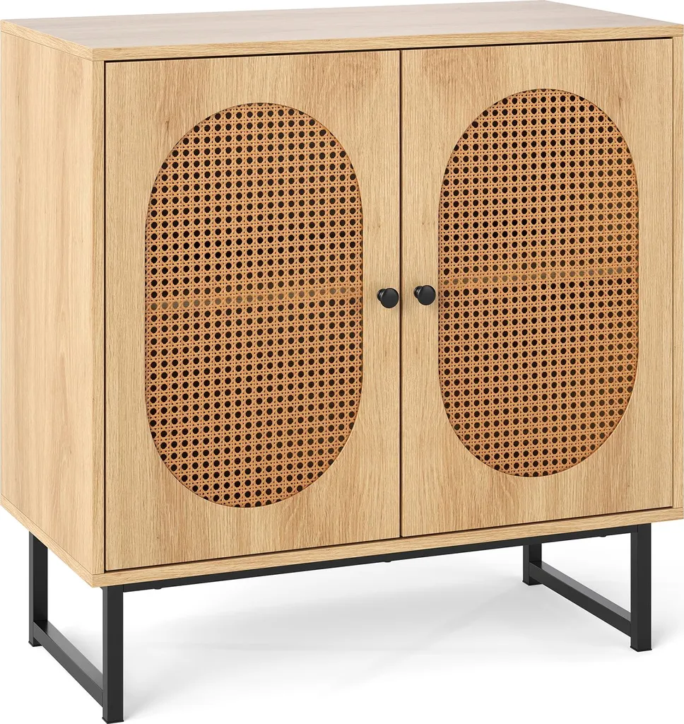 Credenza COSTWAY con 2 ante in rattan, mobile da cucina in legno, mobile buffet con ripiani e gambe in metallo, cassettiera, 80 x 40 x 81,5 cm, natura