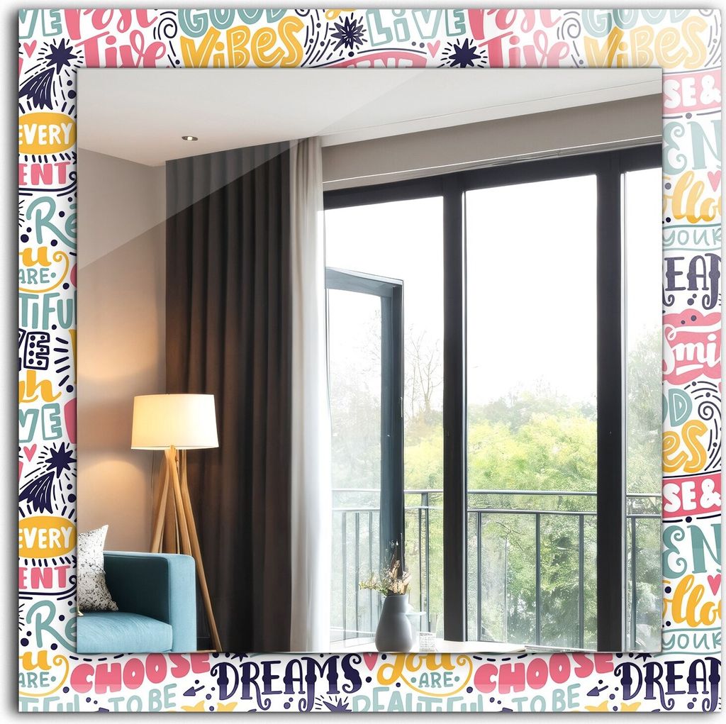 Dekorativer Wandspiegel - Bedruckter Spiegel - Motiv - 60x60 cm - Bunte Motivationsinschriften