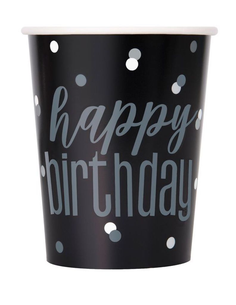 8 Becher Happy Birthday schwarz & silber