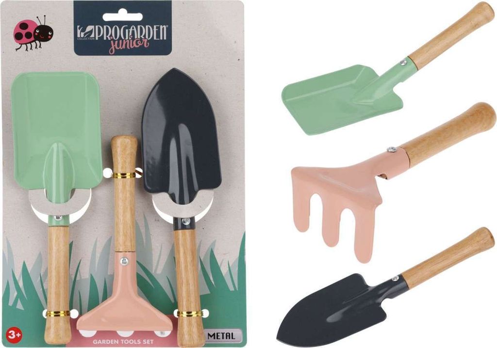 GKA 3 teiliges Set Metall Gartenwerkzeug für Kinder Spaten Schaufel Harke Sand Strand Sandspielzeug