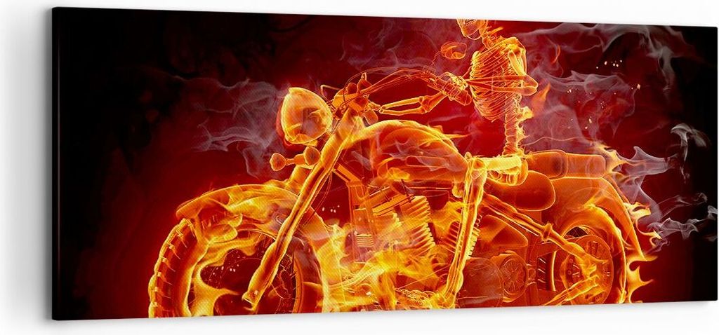 Bild auf Leinwand - Leinwandbild - Motorrad Flammen Skelett - 120x50cm - Wand Bild - Wanddeko - Leinwanddruck - Bilder - Kunstdruck - Wanddekoratio...