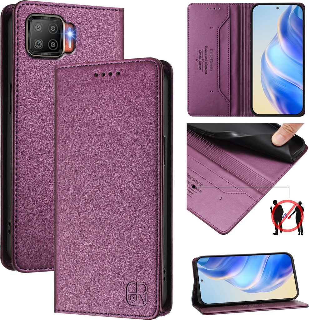 Lederhülle für Oppo F17/A73 4G Hülle Flip Brieftasche Kartenfächern Ständer Schutzhülle Lila