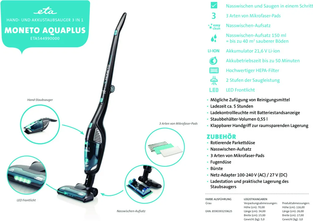 Aspirateur Laveur 3 en 1 ETA Moneto AquaPlus pour Sols et Main avec LED - 16