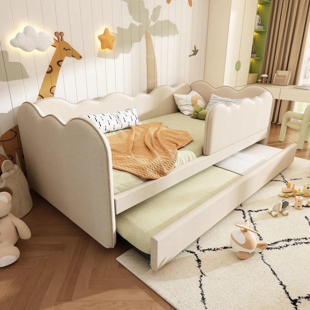 Canapé-lit gigogne 90x190 cm en velours beige Merax pour chambre d'enfant