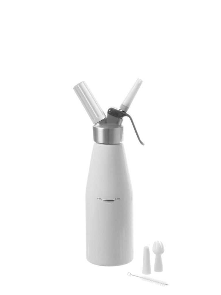 A white whipped cream dispenser with silver accents is shown against a white background. Several small accessories are placed in the lower right corner.