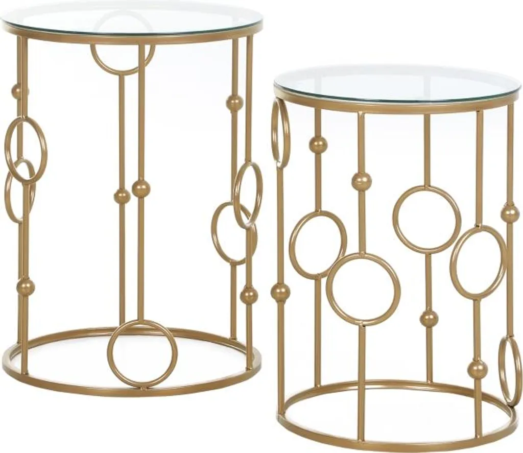 Lot de 2 tables basses en verre doré motif roue et boule 41 x 57 cm