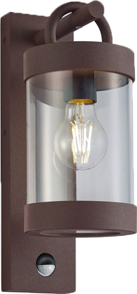 A wall-mounted outdoor light fixture with a motion sensor.