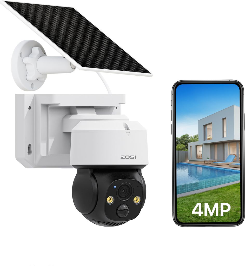 ZOSI 4MP WLAN Akku Überwachungskamera Aussen mit Solarpanel, 355°/90° Schwenkbar, Farbnachtsicht, PIR Erkennung, 2,4GHz WiFi, C2914W-SP