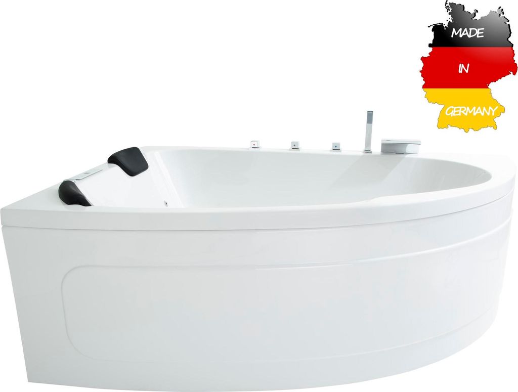 Basera CLASSIC Indoor Eck-Whirlpool Badewanne Guam Links 180 x 130 cm für 2 Personen mit 25 Massagedüsen, Wasserfall, LED-Ambiente, Touchpanel, B...