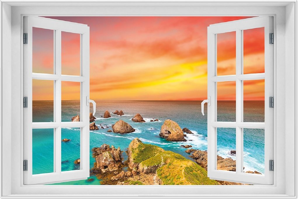 Wallario Wandbild mit Fenster-Illusion: Himmel am Abend, Größe: 61 x 91,5 cm, Poster mit weißem Aluminiumrahmen