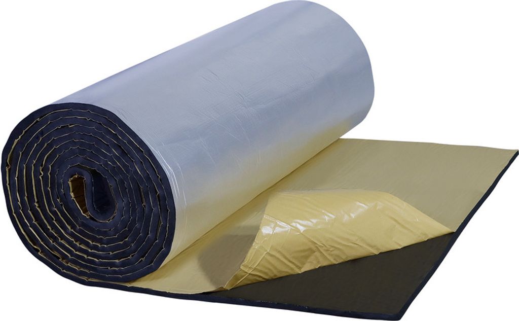 A roll of self-adhesive soundproofing and insulation matting is partially unrolled, showing the adhesive backing.