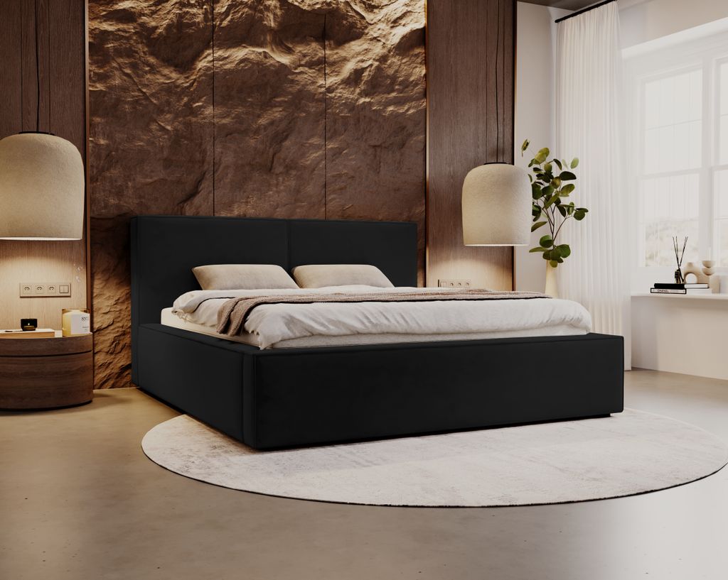 Besilio Möbel Polsterbett Doppelbett 180x200 Santos - Polsterbett mit Bettkasten und Metallrahmen - Samtstoff - Schwarz