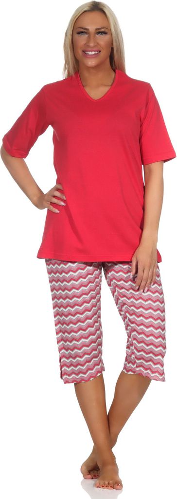Cooler Damen Capri Pyjama mit 3/4 Capri Shorts, Schlafanzug im Ethno-Style ; rot , 48-50
