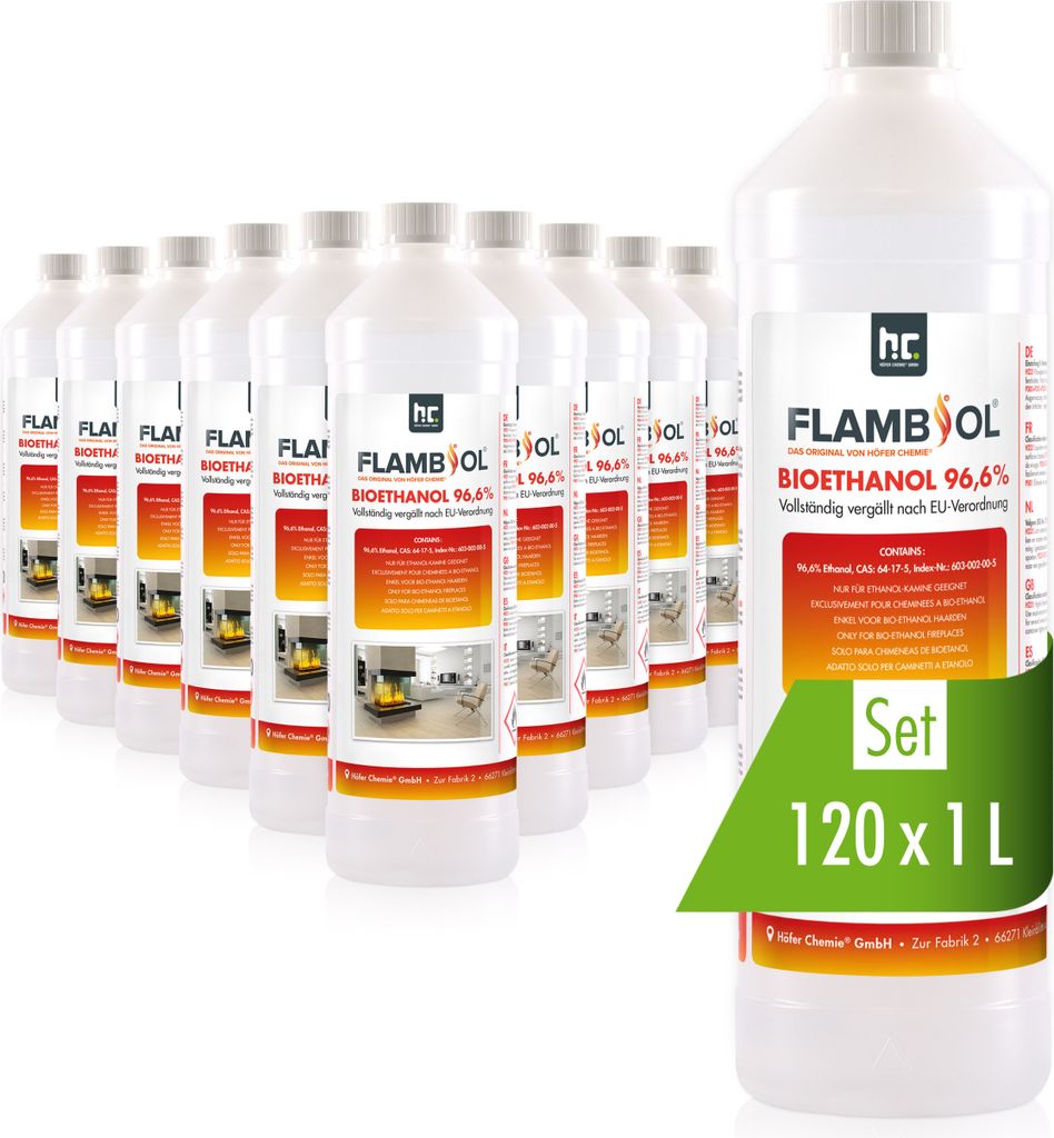 120x 1 L FLAMBIOL Bioethanol 96,6% Premium für Ethanol-Tischkamin in Flaschen