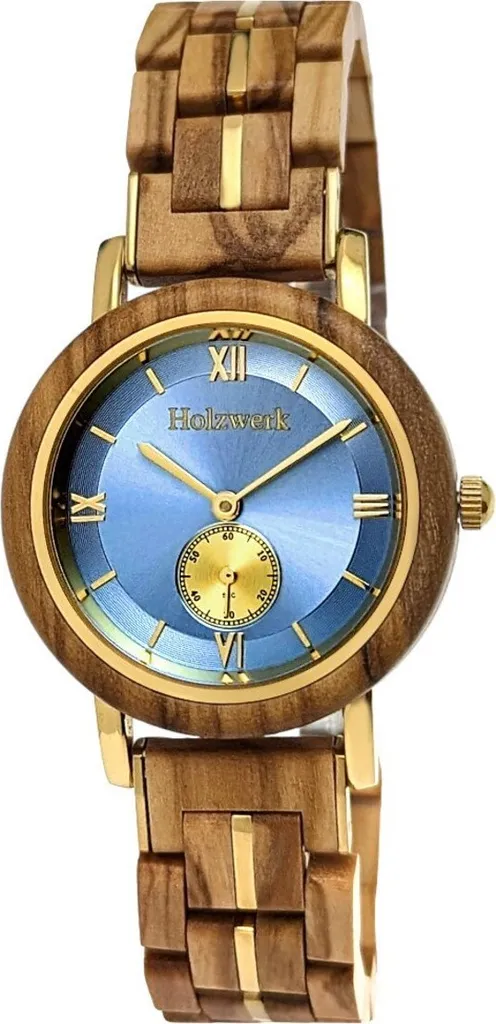 Petite montre en bois femme légère en érable beige et bleu clair