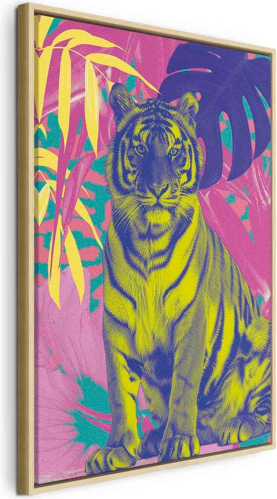Italienischer Leinwand Leinwandbild - Colorful Tiger - Intense Colors of a Tiger Surrounded by Tropical Plants 40x60 cm Tiere g-C-10186-b-a