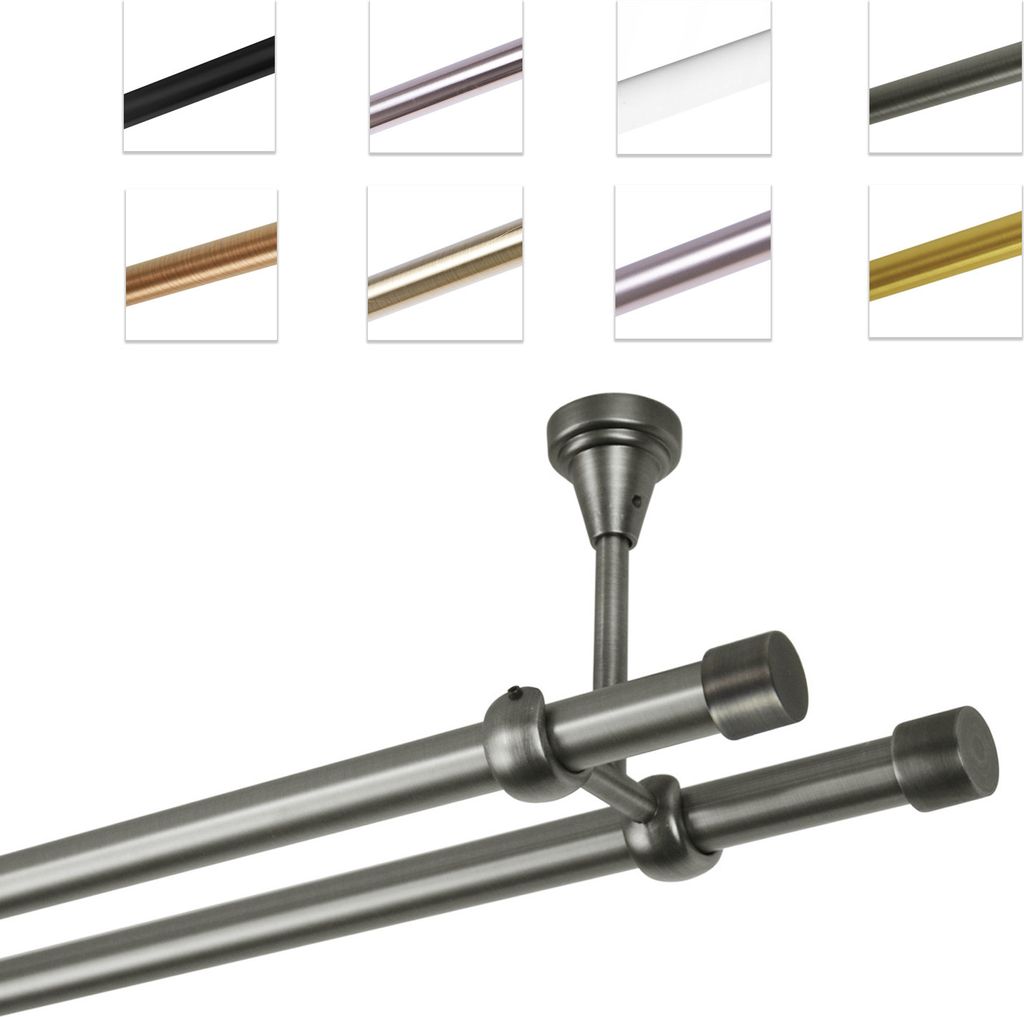 Gardinenstange Vorhangstange 19 mm mit Endkappen, einfache Montage, Decke, 2-läufig, Antik Stahl, 540 cm
